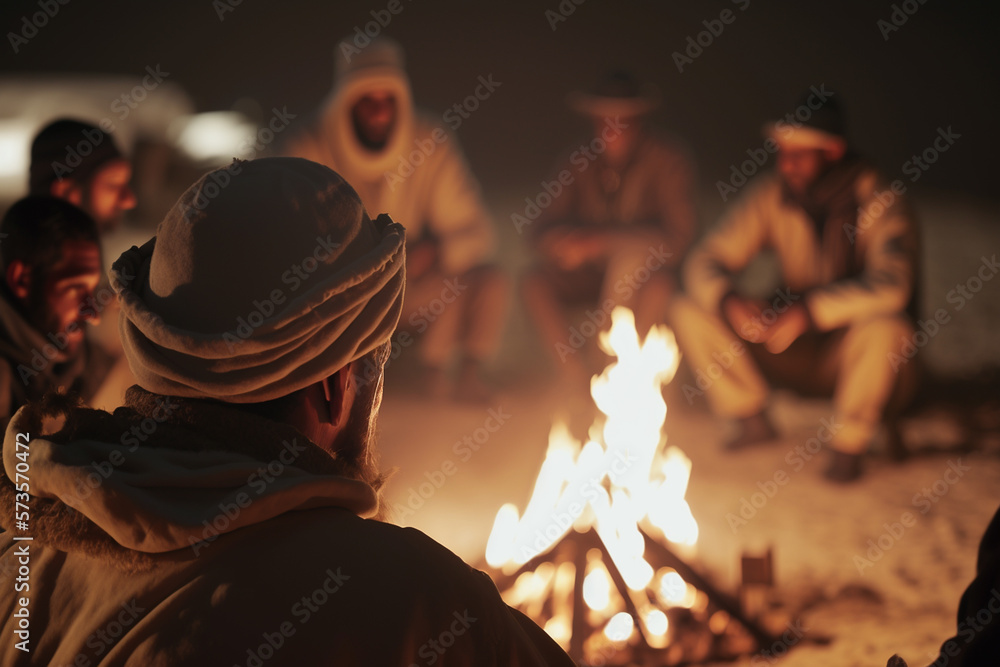 A desert campfire with Bedouin storytellers spinning tales late into the night. - obrazy, fototapety, plakaty 