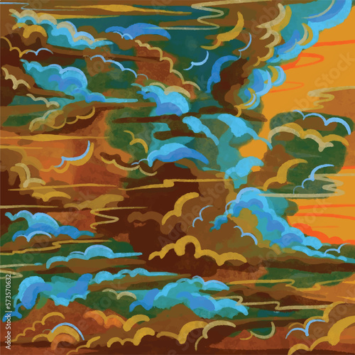 Yellow ochre orange and blue clouds sky vector illustration with grungy brush texture isolated on square template