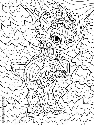 Triceratops young stands on its hind legs. Antistress for children and adults. Illustration on white background. Zen-tangle style.