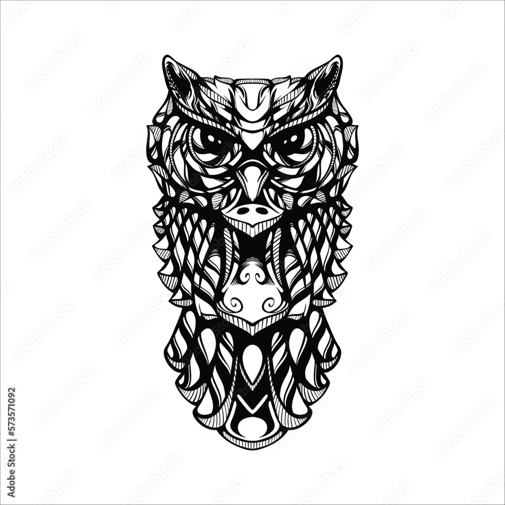 Fototapeta premium black and white tribal decorative owl pattern tattoo