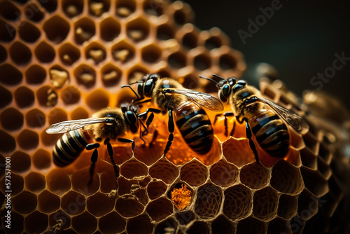 A group of bees working together inside their hive, with intricate honeycomb patterns and beautiful golden colors.