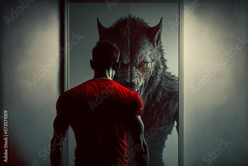 Person transformed into a werewolf in front of a mirror, horrific and intense style. Colors gray, red. Experience the scary and intense emotions of the transformation. Generative AI photo