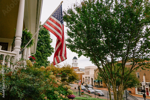 USA flag in small city