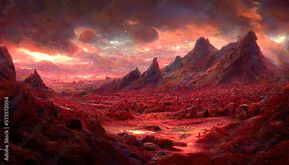 Awesome Landscape of an unexplored planet, A fantasy mountain with a hidden cave and a plasma red sky. Generative Ai