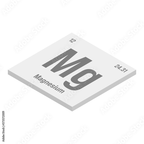 Magnesium, Mg, gray 3D isometric illustration of periodic table element with name, symbol, atomic number and weight. Alkaline earth metal with various industrial uses, such as in alloys, construction