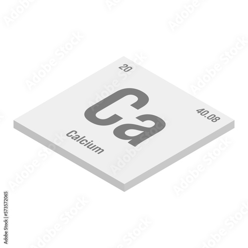 Calcium, Ca, gray 3D isometric illustration of periodic table element with name, symbol, atomic number and weight. Alkaline earth metal with various industrial uses, such as in construction