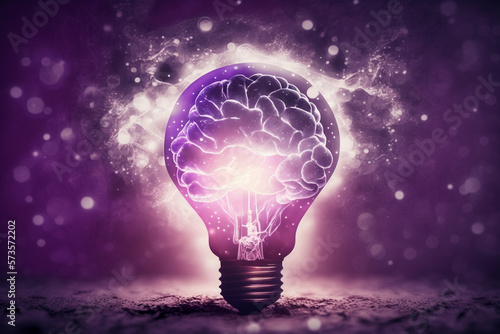 Human brain glowing inside of light bulb purple. Generative AI.