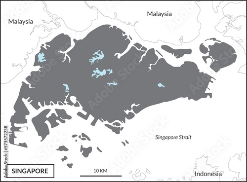 Singapore map high details on black color and white background and border countries, Malaysia, Indonesia, and Singapore Strait 