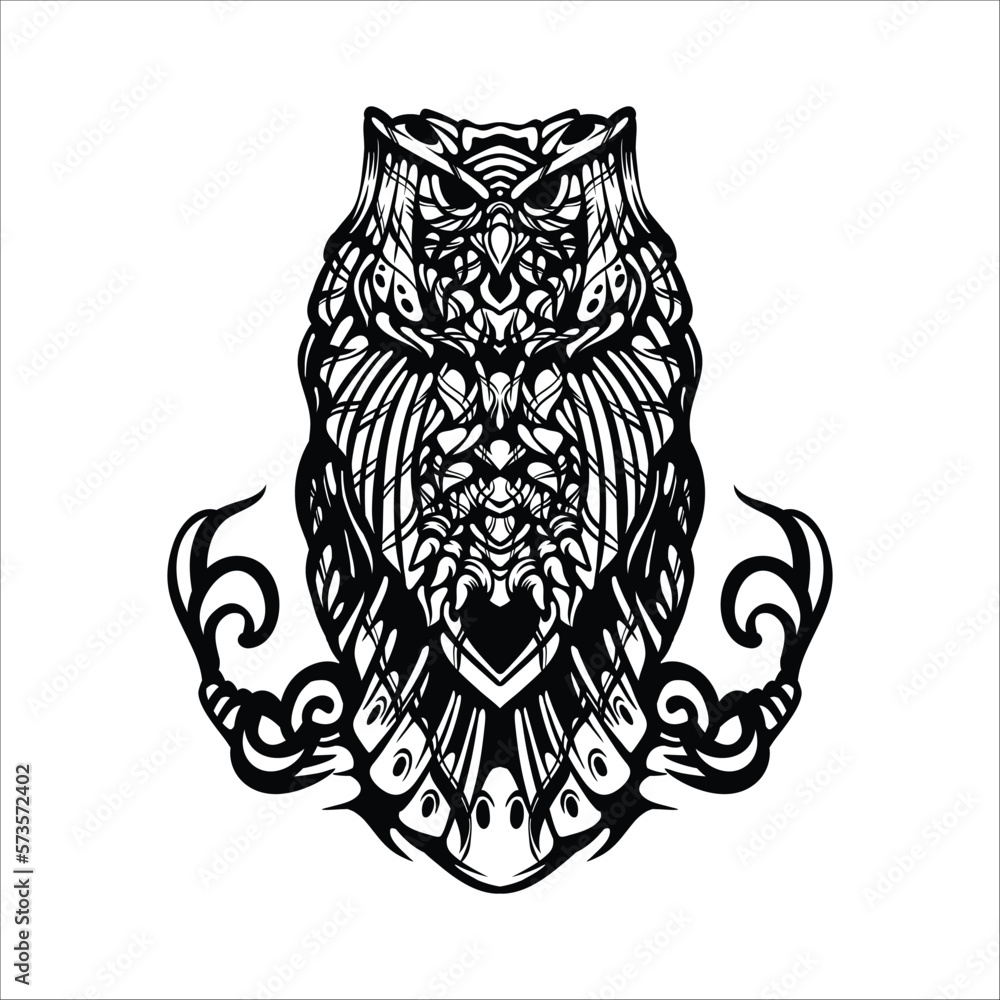 Obraz premium black and white tribal decorative owl pattern tattoo