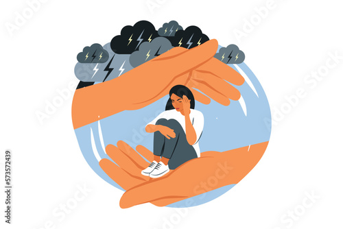 Self care, love, acceptance concept. Woman with closed eyes sitting embracing knees. Mental health issue, depression, feeling of frustrated, anxiety. Vector illustration.