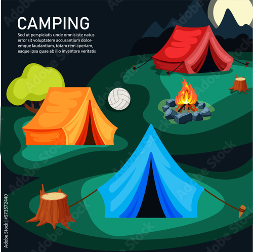 camping background. colored outdoor tents on night landscape. Vector template with place for personal text