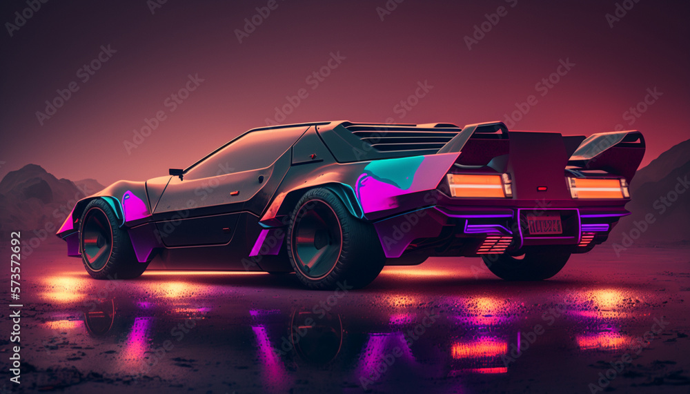 Illustration of a retro sports car riding among against the of a sunset in the city,Pink background. Generative AI.