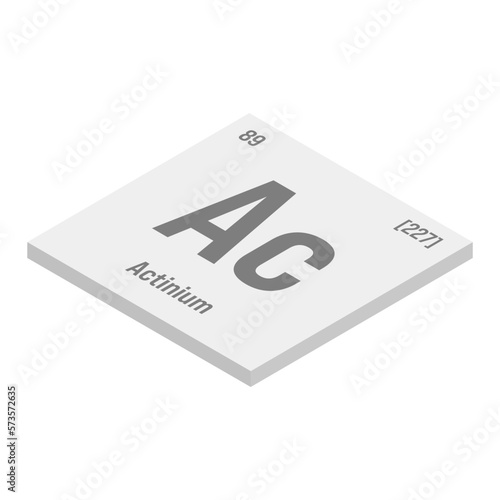 Actinium, Ac, gray 3D isometric illustration of periodic table element with name, symbol, atomic number and weight. Radioactive element with potential uses in cancer treatment and as a neutron source