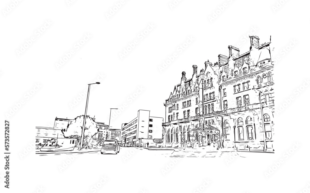Building view with landmark of Plymouth is the 
city in England. Hand drawn sketch illustration in vector.