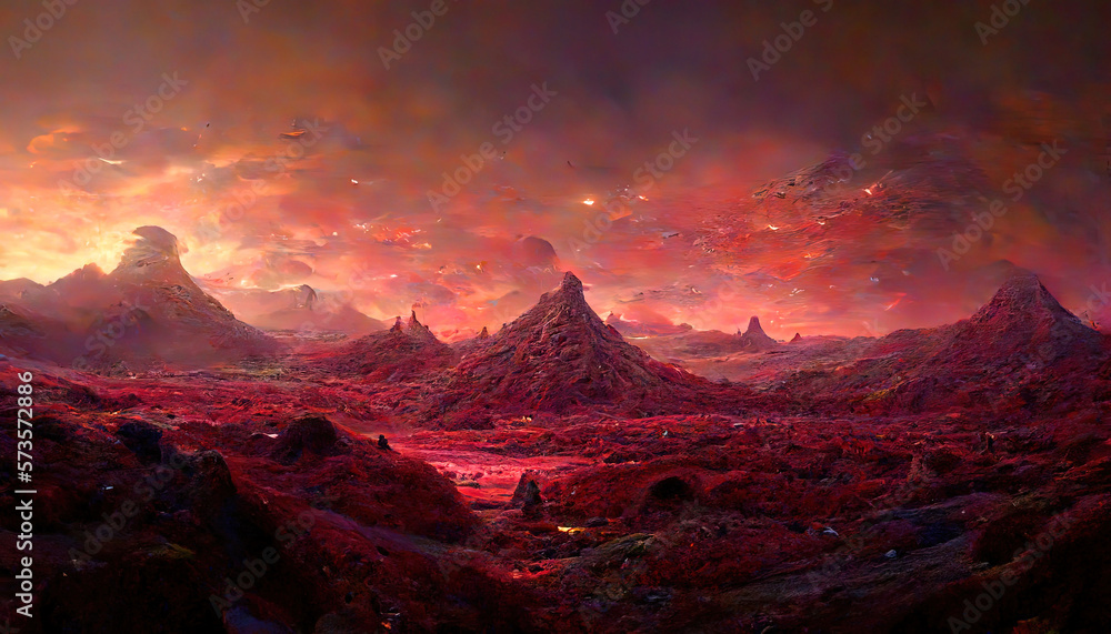 Wonderful Landscape of an unexplored planet, A fantasy mountain with a hidden cave and a plasma red sky. Generative Ai