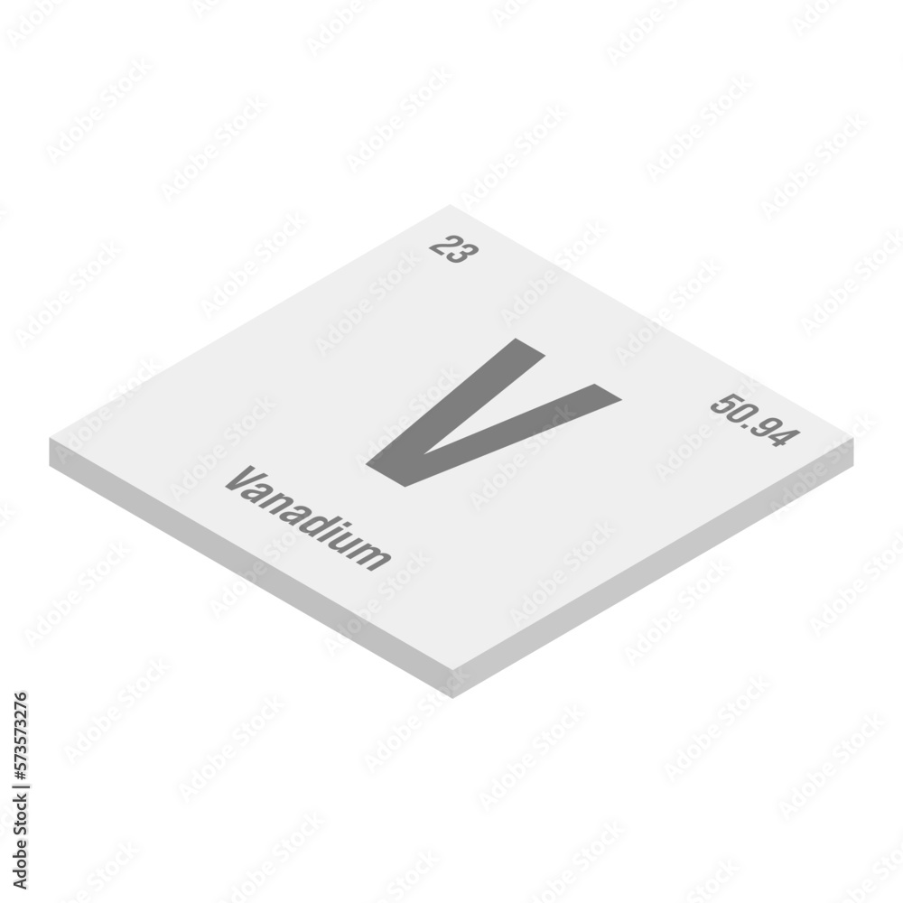 Vanadium, V, gray 3D isometric illustration of periodic table element with name, symbol, atomic number and weight. Transition metal with various industrial uses, such as in certain types of steel and Vanadium, V, gray 3D isometric illustration of periodic table element with name, symbol, atomic number and weight. Transition metal with various industrial uses, such as in certain types of steel and
