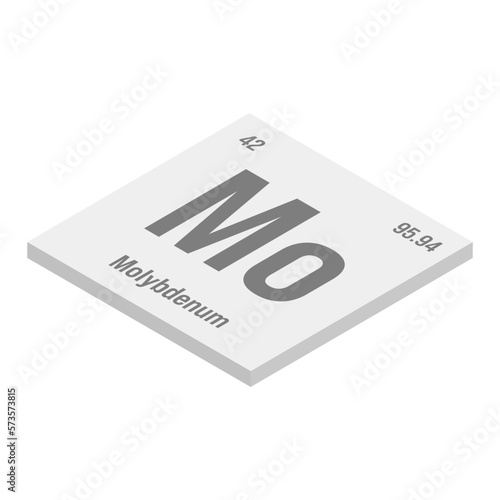 Molybdenum, Mo, gray 3D isometric illustration of periodic table element with name, symbol, atomic number and weight. Transition metal with various industrial uses, such as in steel production
