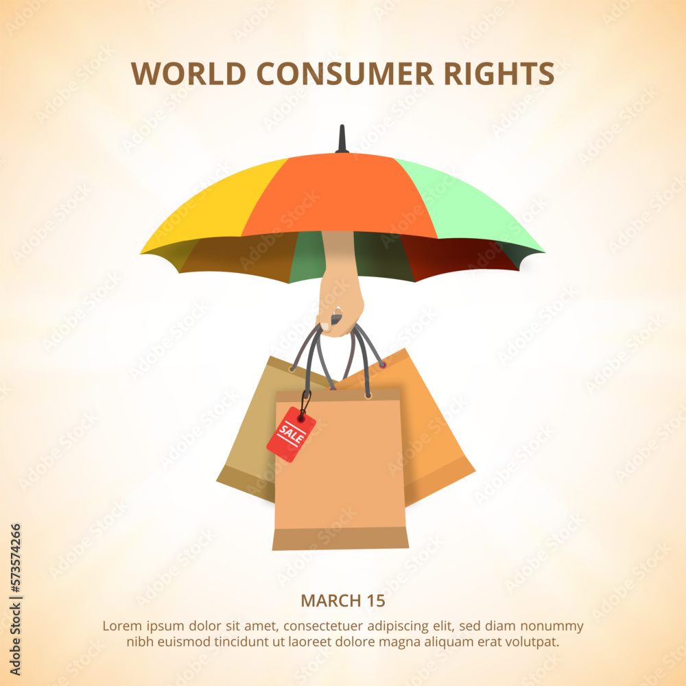 Square world consumer rights day background with hand holding shopping bag - obrazy, fototapety, plakaty 