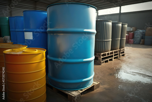Metal barrels, hazardous chemical containment, acid or flammable material that stored at industrial storage area. Generative Ai image	
