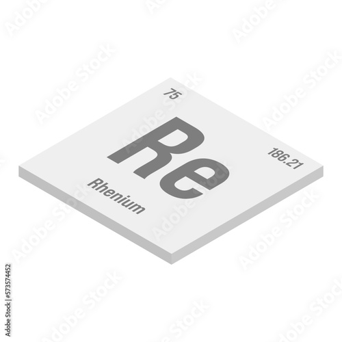 Rhenium, Re, gray 3D isometric illustration of periodic table element with name, symbol, atomic number and weight. Transition metal with various industrial uses, such as in superalloys, electrical