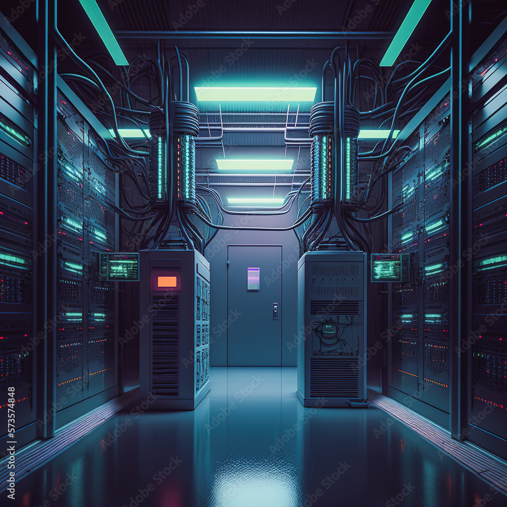 Generative Ai Illustration Of Futuristic Neon Data Center Stock