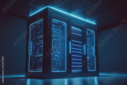 Generative AI illustration of server data room in neon light