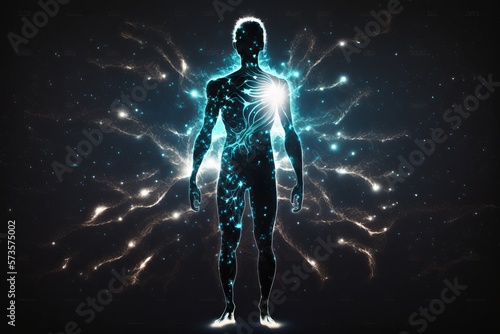 Astral body silhouette with abstract space background. Generative AI 