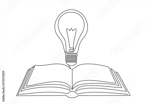 One single line drawing of shining light bulb above open text book logo identity. continuous line draw design graphic vector illustration