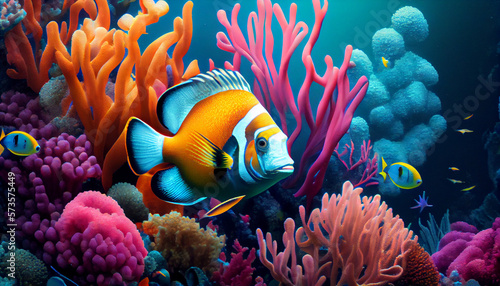 A tropical fish swimming in a colorful coral reef generative AI