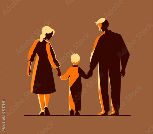 Father and mother figure holding hands with child. Mom with dad and son. Vector illustration for concepts of family.