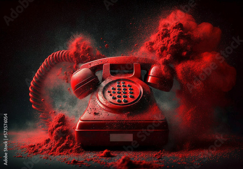 Explosion of red vintage telephone dust paint on black background. Generative AI.