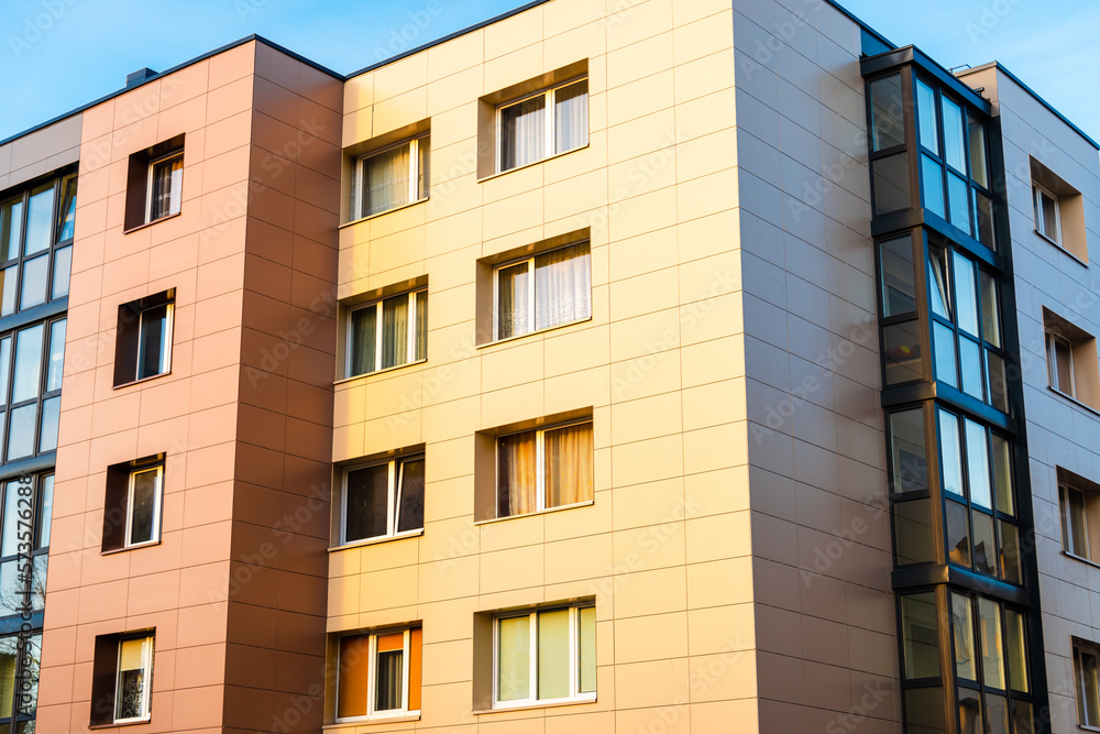 Renovated and renewed complex of blocks of flats.Building has colorful facade. Restored old