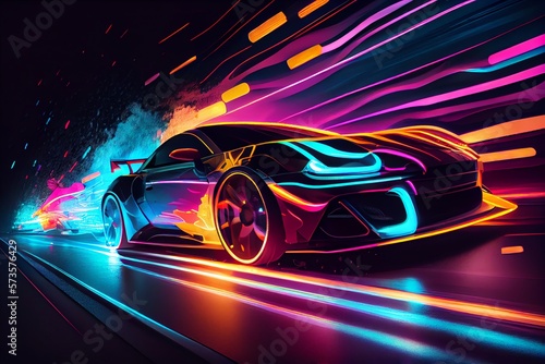 Lights Of Cars With Night. Speeding Sports Car On Neon Highway. Powerful Acceleration Of A Supercar On A Night Track With Colorful Lights And Trails. Generative AI © Pixel Matrix