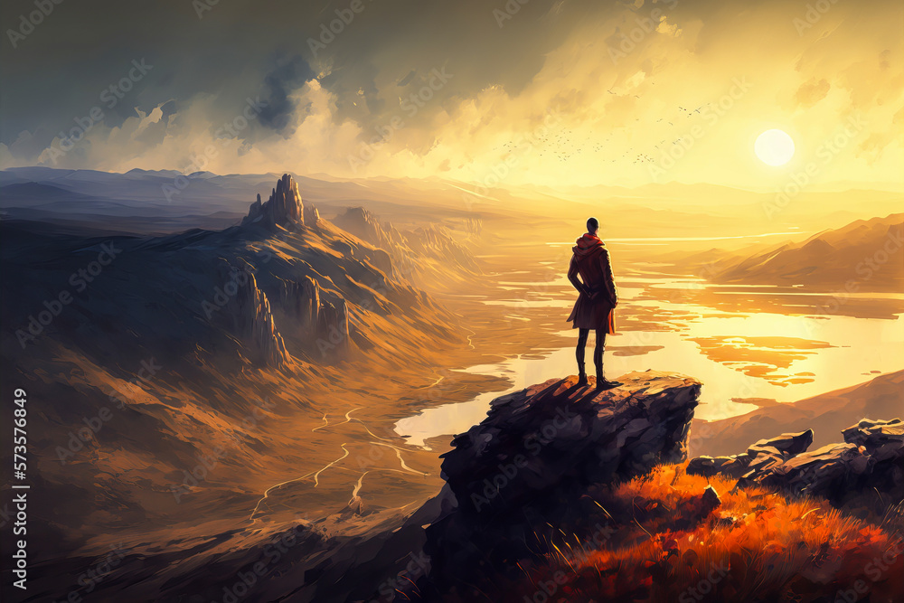 Person stands atop hill admiring landscape of hope and optimism. Embrace future with eco-friendly solutions and a spirit of hopefulness. Generative AI