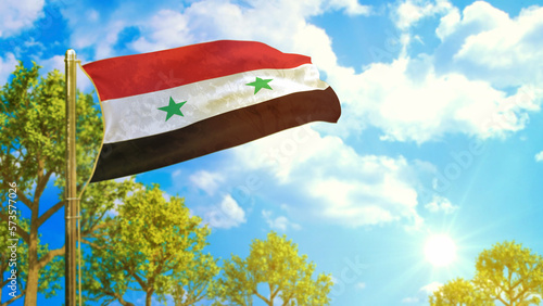 flag of Syrian Arab Republic at sunny day, hour of planet symbol - nature 3D illustration