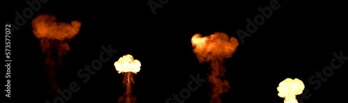 Four vary flaming mushroom bangs, isolated - object 3D illustration