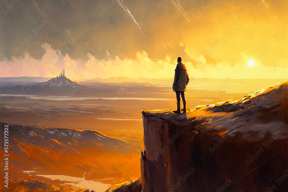 Person atop a hill looking at a beautiful vista with a look of hope and ...