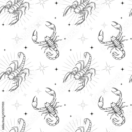 Scorpio. Seamless pattern design. Zodiac simbol. Astrology sign  bull vector outline illustratoin