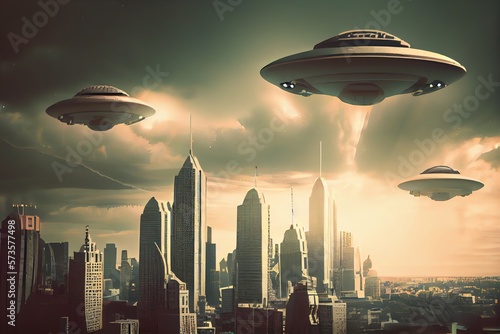 Ufo Armada Over Downtown. Giant Alien Spaceships Over The City. Ufo Invasion Over The City Of The Planet Earth. Digital Art. Generative AI