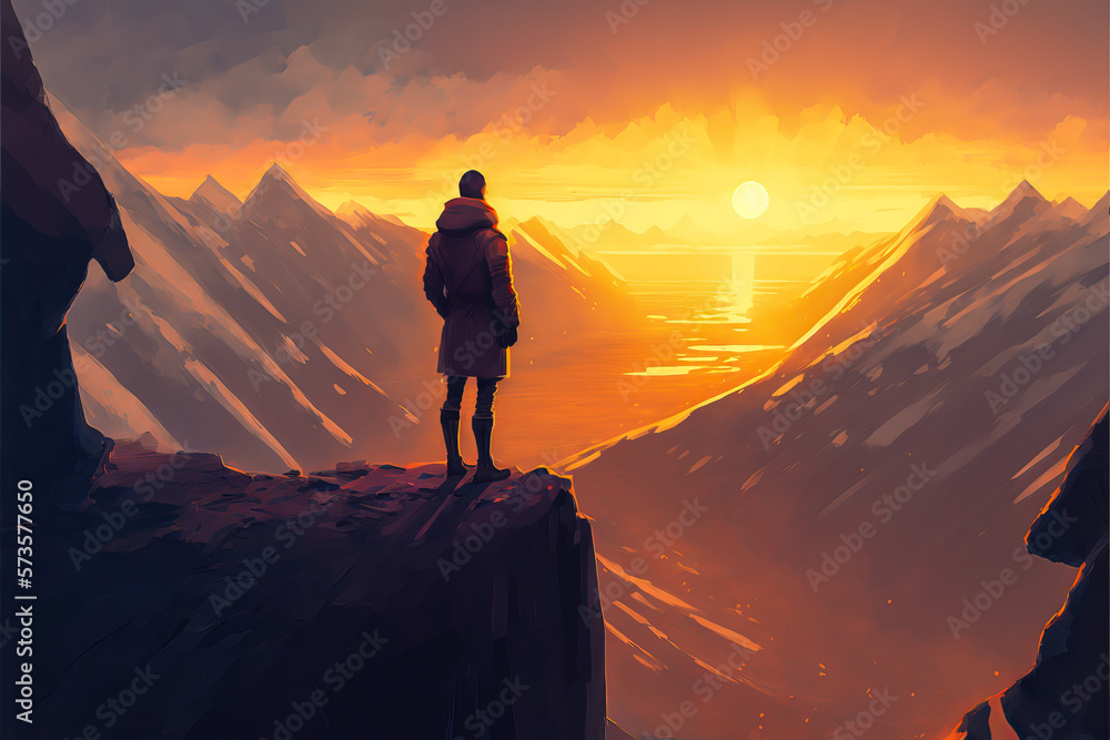 A lonely person admiring a great sunrise on a mountain top. Realistic style, shimmering colors offering a feeling of triumph and accomplishment. Generative AI