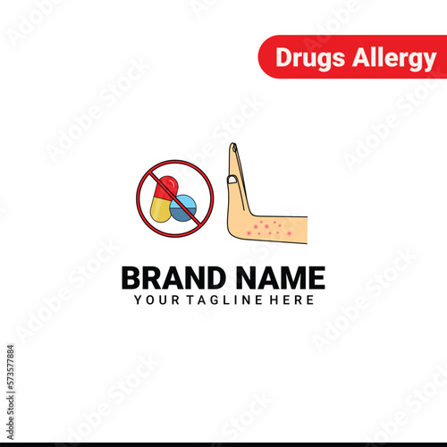 Drugs allergy concept icon. Allergic reaction to medications idea thin line illustration. Hives, itchy skin, rash on hand. Pills use side effects. Vector isolated outline drawing. Editable stroke