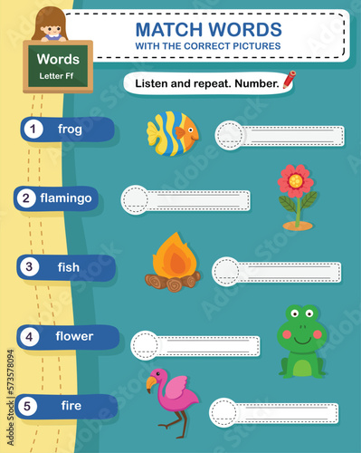 Match words with the correct pictures letter F illustration, vector