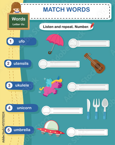 Match words with the correct pictures letter U illustration, vector