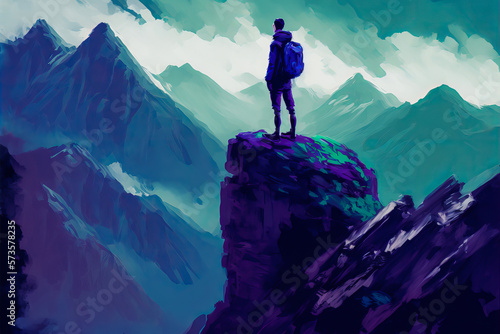 A person stands atop a mountain overlooking a vast landscape, with a sense of accomplishment and pride. Rich blues, purples, and greens add to the adventurous, triumphant mood. Generative AI