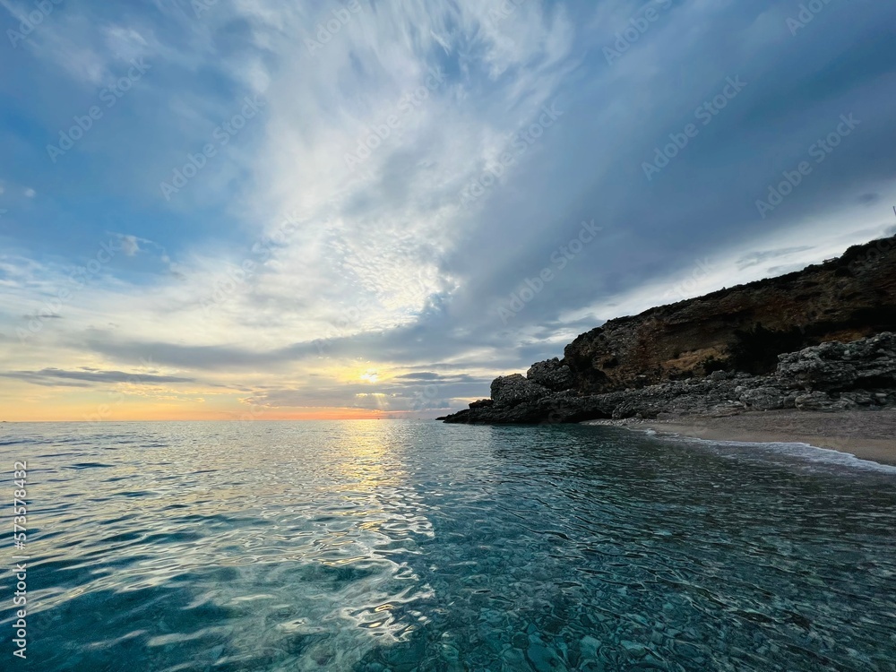 Scenic sunset over Ioninan sea in Vlore Albania . Scenic sunset over Ioninan sea in Vlore Albania .