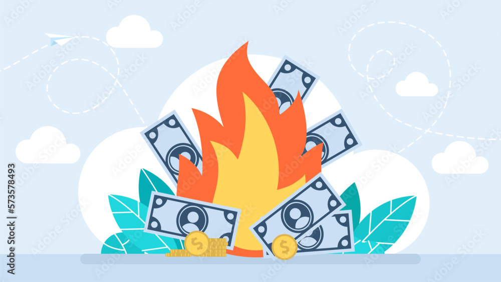 Naklejka premium Money burn. Burning money. Paper banknotes are burning in the fire. Bankrupt. The inflation dollar bills money on fire. Concept of currency devaluation, property insurance, wealth. Vector illustration