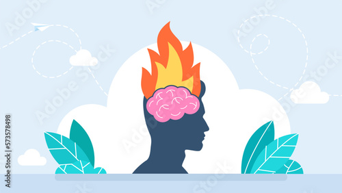 Head with the brain inside is on fire. Headache and stress. Anger, fury, annoyance. Burnout, stress, emotional problem. Burning brain. Aflame mind. Head fire flame. Mental illness. Vector illustration