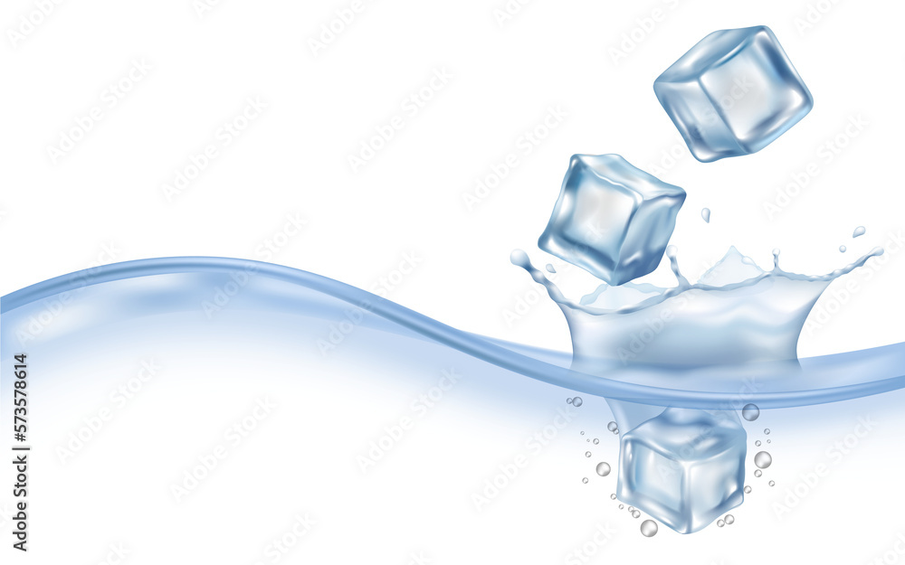Clear ice cubes falling on water surface realistic vector . Stock ...