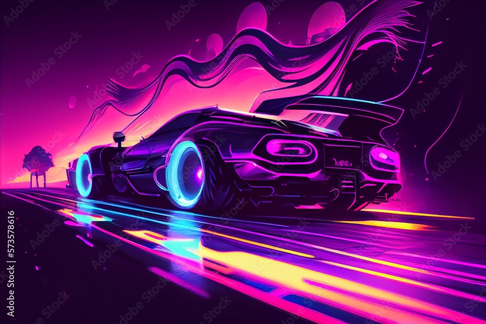 Driving In The Night. Futuristic Synthwave Car In Purple Neon Colours. In Motion. Generative AI