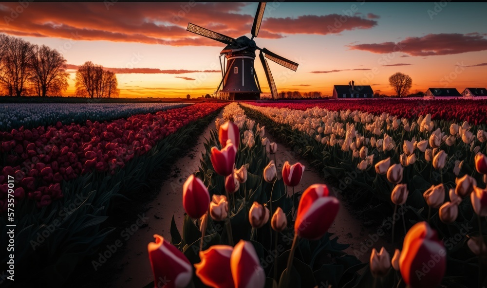 Sunset over tulip field Netherlands. Generative ai